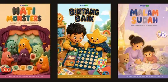 Tiga buku gambar, watak dirender 3D