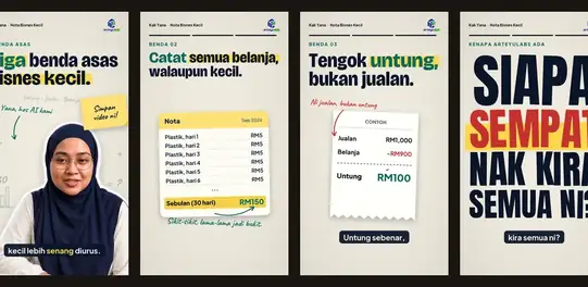 Tiga benda asas bisnes kecil, dilukis di atas kertas