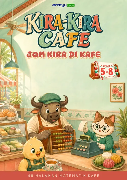 Kira-Kira Café - Nombor dan kiraan awal berlatar kafe.