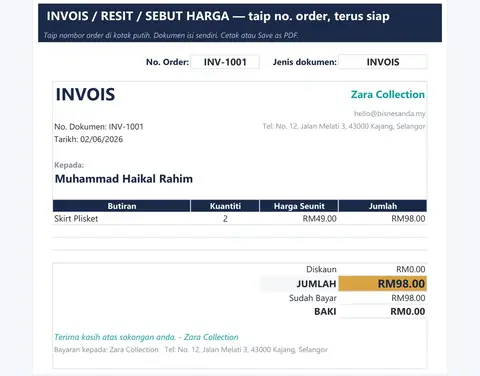 Penjana invois, resit dan sebut harga — Invois, Resit & Sebut Harga Auto