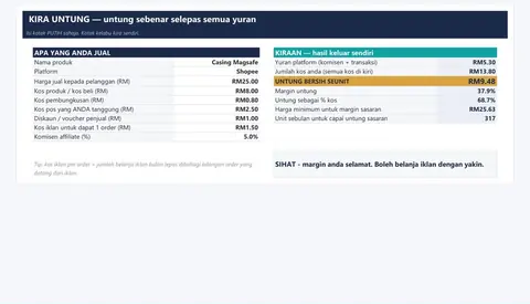 Kalkulator untung seunit — Kira Untung Shopee & TikTok