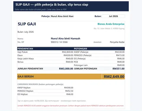 Penjana slip gaji — Slip Gaji & Rekod Gaji Excel