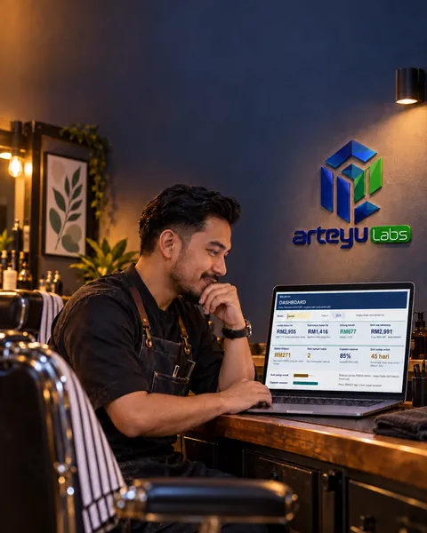 Tukang gunting rambut menyemak laptop di kaunter tepi, kerusi kosong kabur di belakang