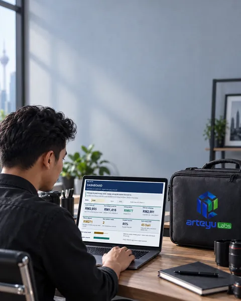 Jurugambar di laptop, satu beg kamera di sebelahnya