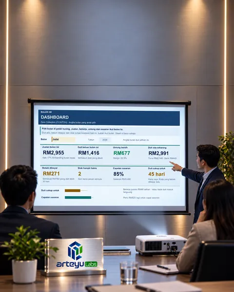 Dashboard di skrin besar bilik mesyuarat, seorang menunjuk, plak logo di meja