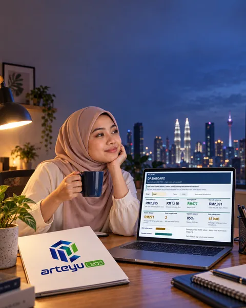 Pemilik perempuan berehat sekejap di meja waktu malam, laptop terbuka di depannya