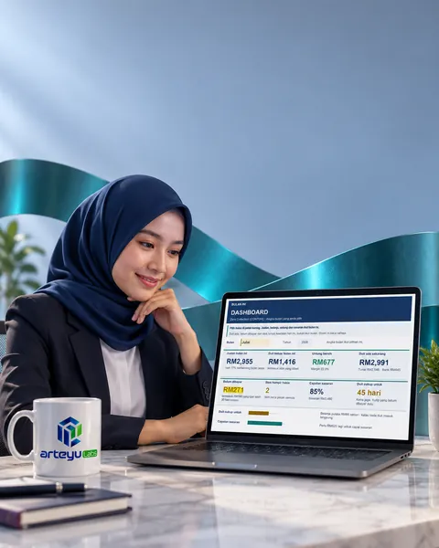 Laptop tunggal di depan reben logam teal yang melengkung di belakangnya