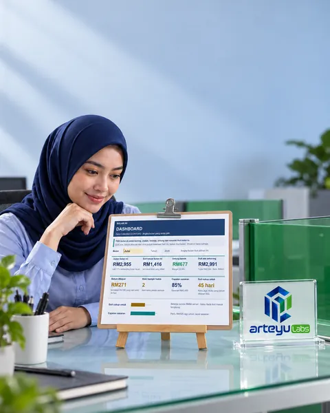 Laptop di atas meja kaca kabur, sekatan kaca hijau lutsinar di bahagian bawah bingkai