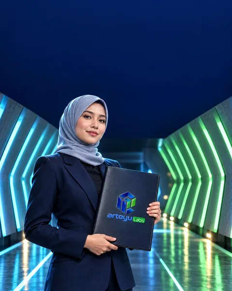 Pengasas wanita memegang fail proposal dalam terowong cahaya beralur, LED cyan dan hijau