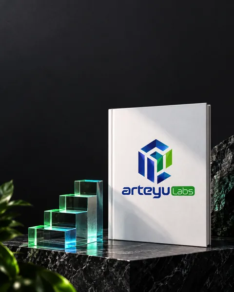 Arca kaca bertingkat kecil di sebelah buku proposal putih yang berdiri di atas batu hitam