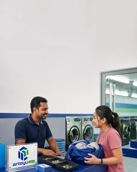 Kaunter dobi layan diri, pemilik dan customer, plak logo di kaunter