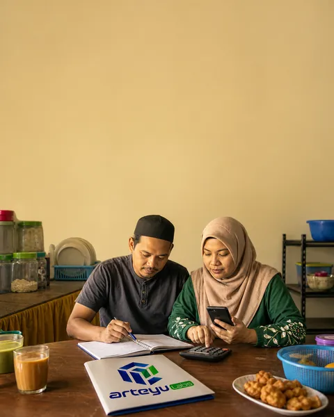 Pasangan pemilik warung di meja dapur selepas tutup kedai, buku nota dan telefon di depan
