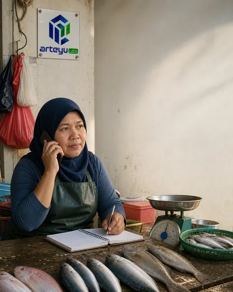 Penjual ikan di gerai pasar sedang bercakap di telefon, buku jualan harian di sebelah penimbang