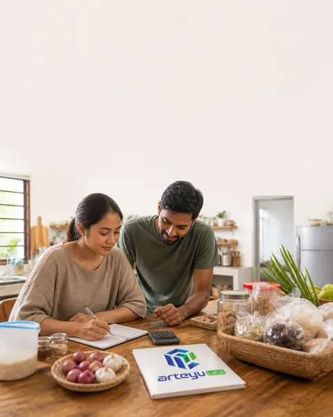 Dapur rumah beberapa minggu sebelum Raya, bahan disenaraikan atas helaian kos, fail logo di meja